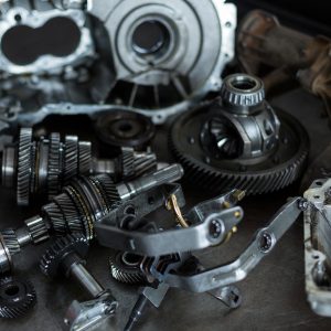 Spare parts of car at a repair shop